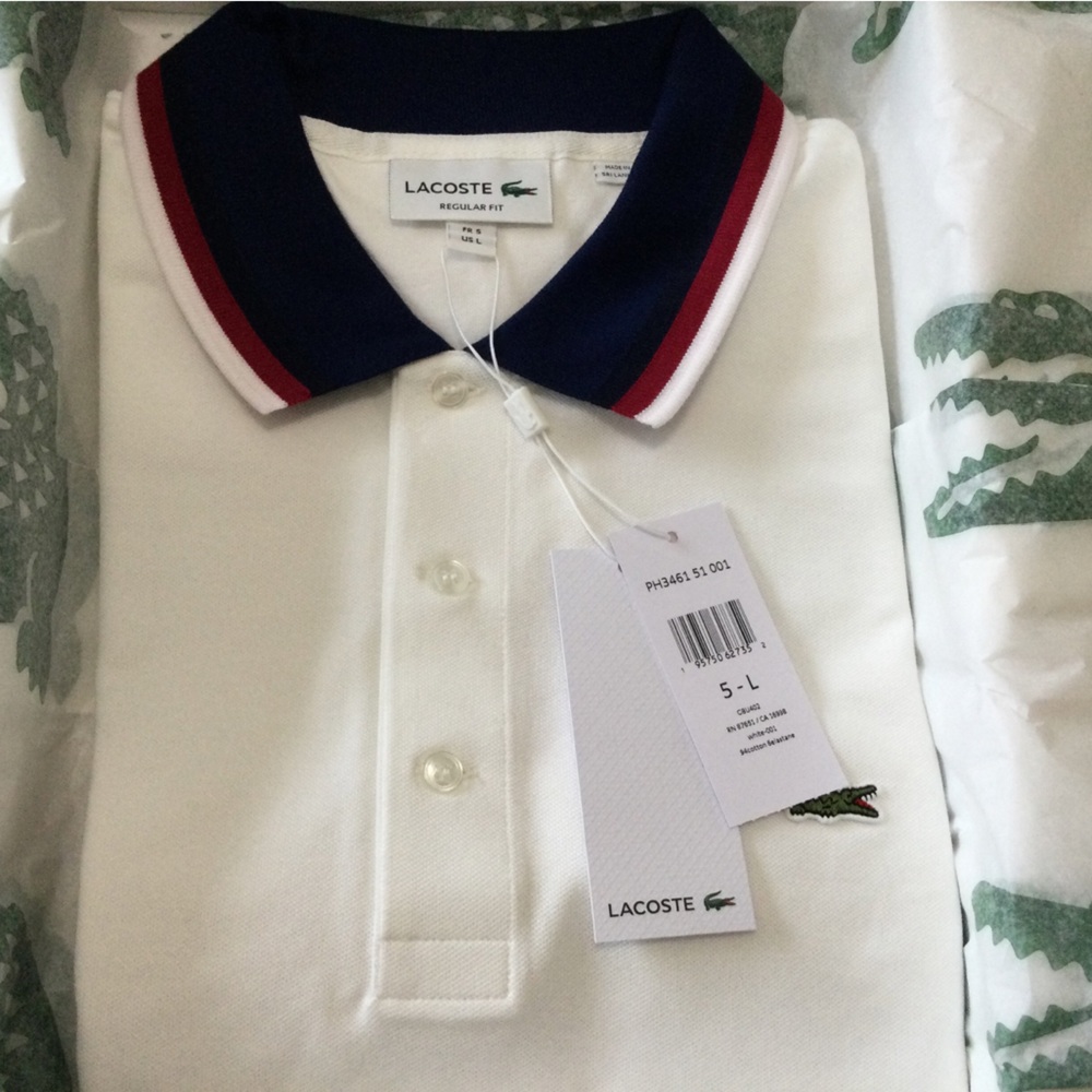 NWT- LACOSTE Men’s Classic fit Polo, slim fit, white, red and blue